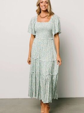 Smocked Square-Neck Floral Maxi Dress in Light Mint